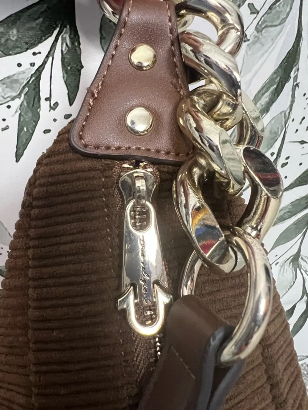 Brown True Religion Corduroy Hobo Shoulder Bag Gold Chain Strap Signature Logo